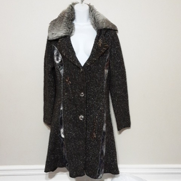 Tessori vintage cardigan women M long brown button faux fur lagenlook y2k wool - Picture 1 of 8